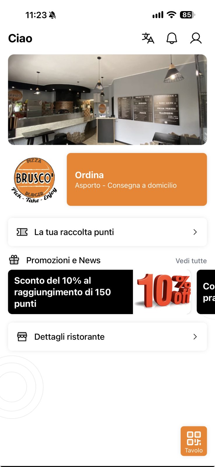 Schermata principale dell'app Bruscò